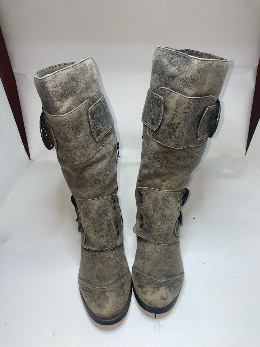 Two Lips Distressed Grey Suede feel 14” tall Buckle Boots - Picture 2 of 8